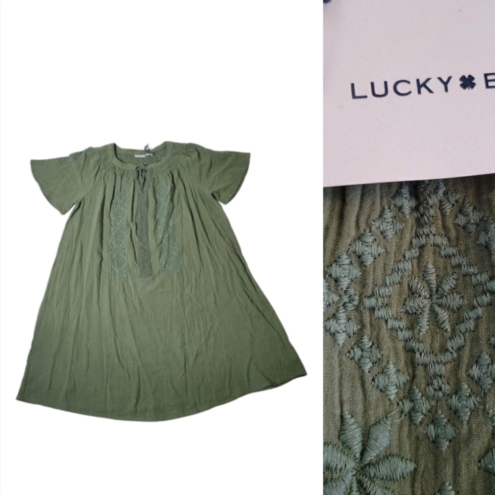NEW 1X LUCKY BRAND GREEN GAUZY BOHO EMBROIDERED SMOCKED FLOWY POPOVER DRESS NWT